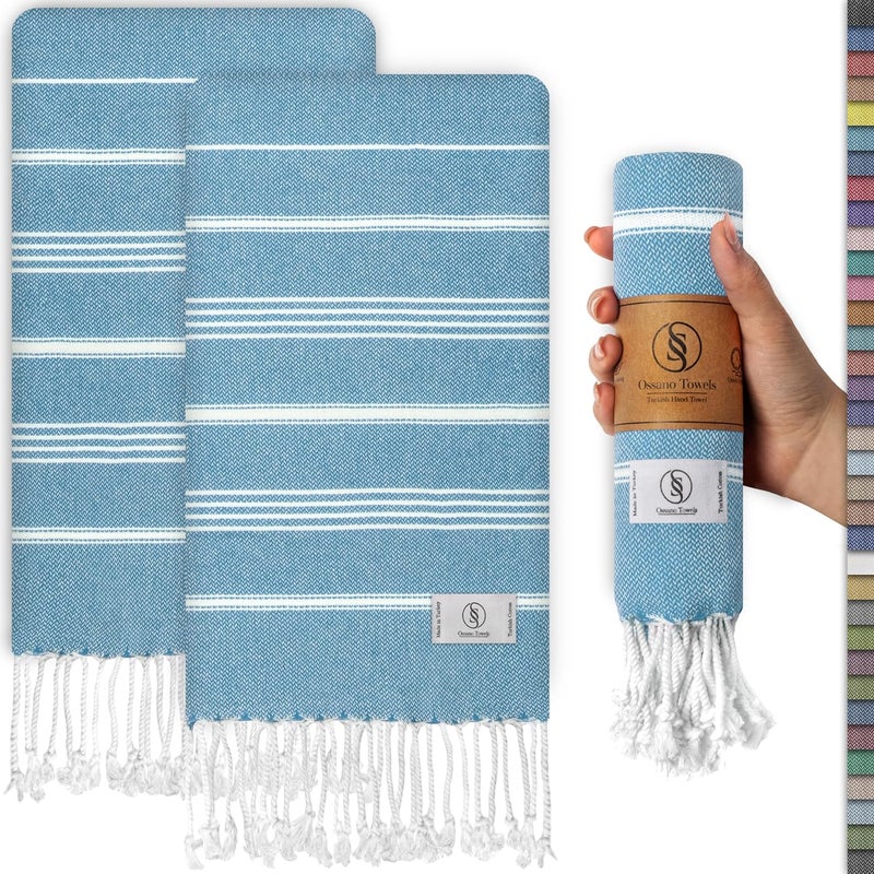 Ossano Decorative Turkish Hand Towels - Thin & Large - Set of 2 (30" x 18") - for Kitchen & Bathroom - Multifunctional as - Dish Drying Towel for Kitchen, Dish Cloths - Turquoise - Image 1
