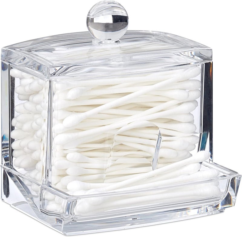 Cyrox Acrylic Cotton Buds Holder Box, Cotton-Pad Dispenser Transparent Bathroom Canister Storage Organization, Vanity Makeup Organizer, Cotton Swab Storage with Lid (1Pcs) - Image 1