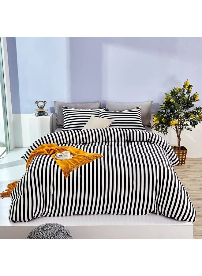 KAREVER White Black Stripes Comforter Set King Women Bedding Set Soft Durable White Striated Bedding Set - Image 1