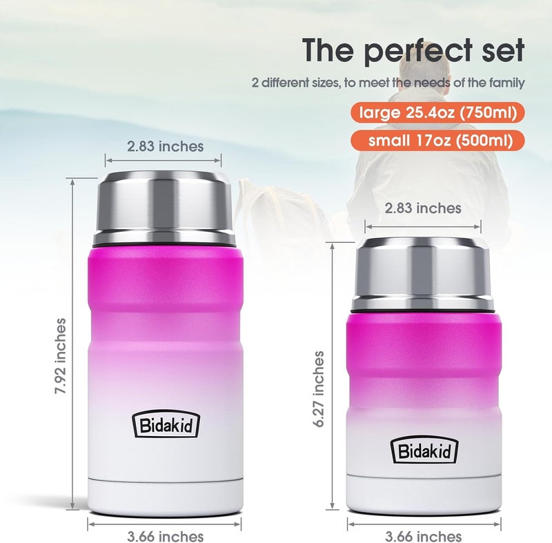 Bidakid Insulated Food Jar Set – 25.4oz & 17oz Stainless Steel Containers with Folding Spoon and Carrying Bags – Leak-Proof, Keeps Food Hot or Cold for up to 12 Hours – Ideal for Work, School, Travel - Image 2
