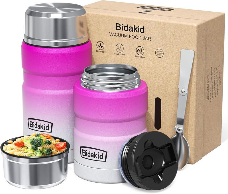 Bidakid Insulated Food Jar Set – 25.4oz & 17oz Stainless Steel Containers with Folding Spoon and Carrying Bags – Leak-Proof, Keeps Food Hot or Cold for up to 12 Hours – Ideal for Work, School, Travel - Image 1