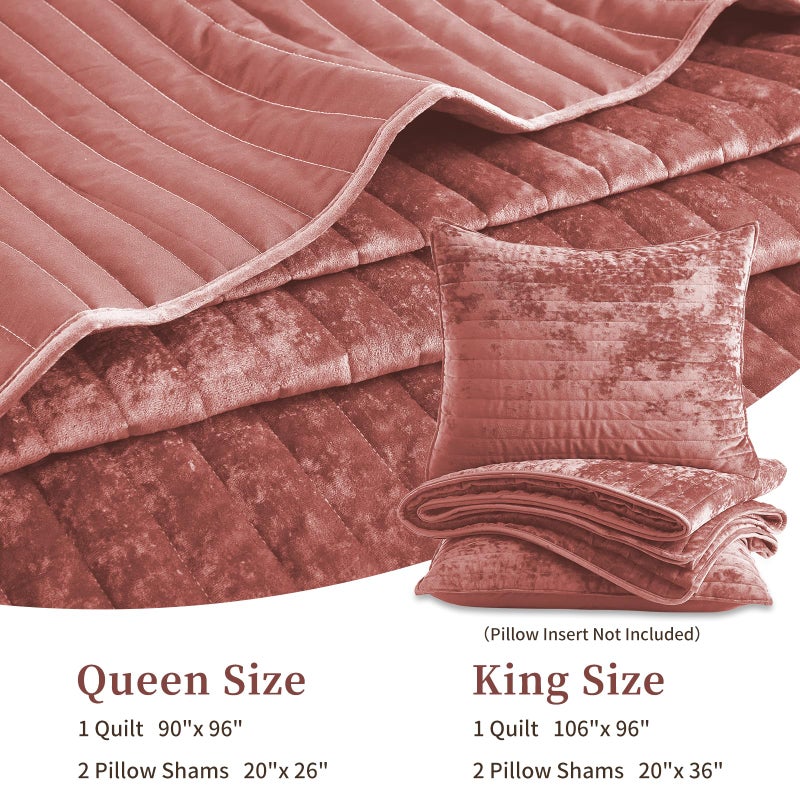 Wondnuga Luxury Soft Velvet Quilt Set Full Queen Size - Lightweight Velvet Bedding Set for All Season, Oversized Bedspread Coverlet Comforter Set with 2 Pillow Shams, Pink, Striped - Image 5