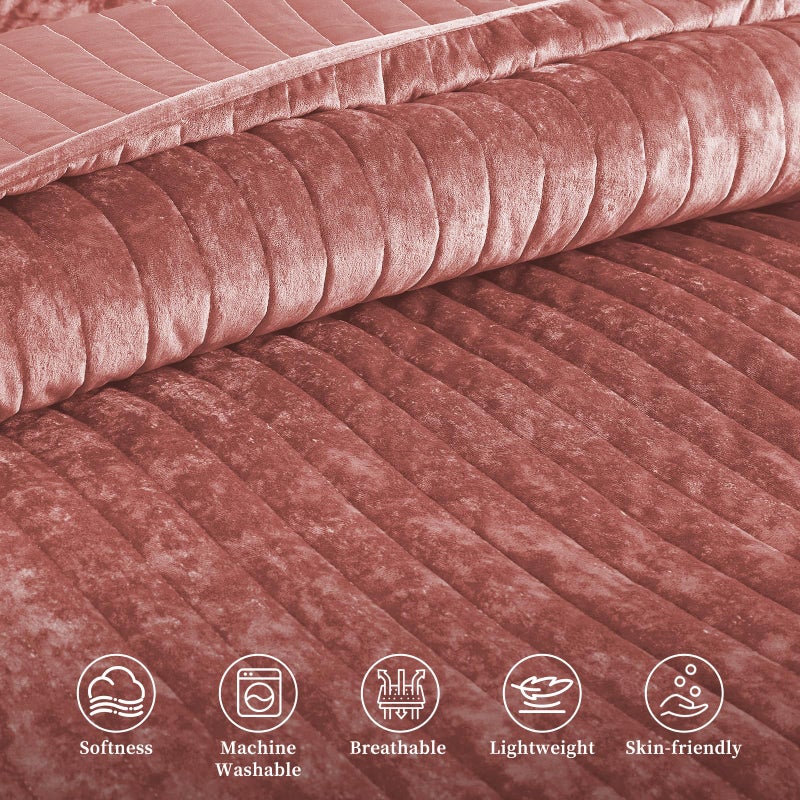 Wondnuga Luxury Soft Velvet Quilt Set Full Queen Size - Lightweight Velvet Bedding Set for All Season, Oversized Bedspread Coverlet Comforter Set with 2 Pillow Shams, Pink, Striped - Image 3