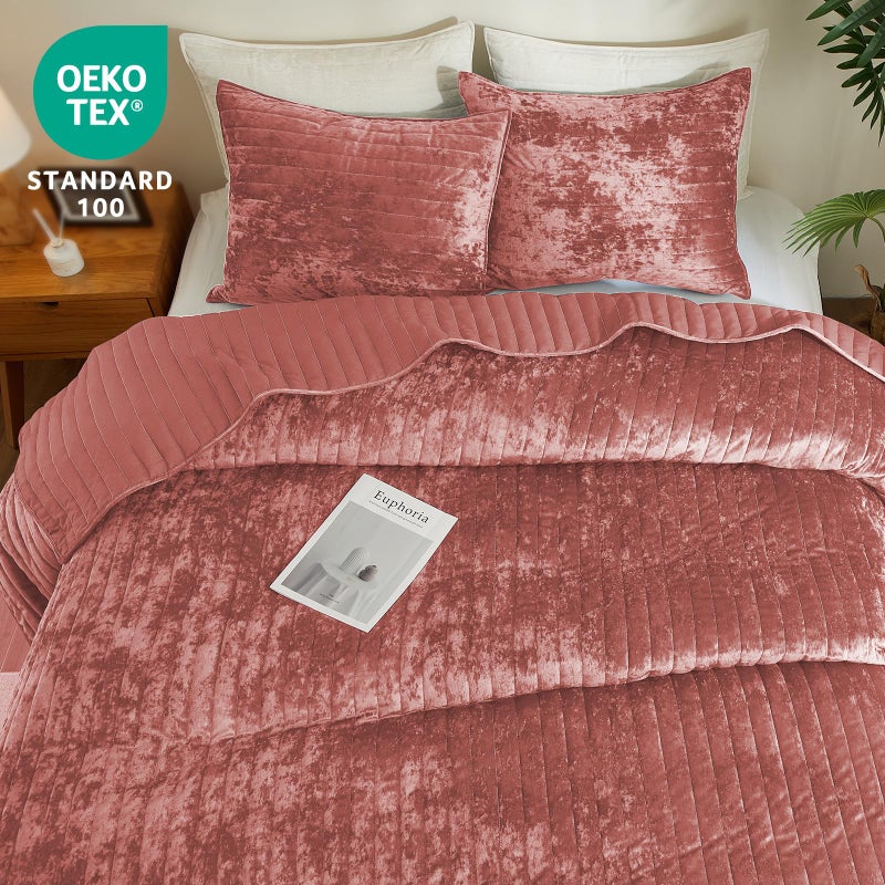 Wondnuga Luxury Soft Velvet Quilt Set Full Queen Size - Lightweight Velvet Bedding Set for All Season, Oversized Bedspread Coverlet Comforter Set with 2 Pillow Shams, Pink, Striped - Image 2