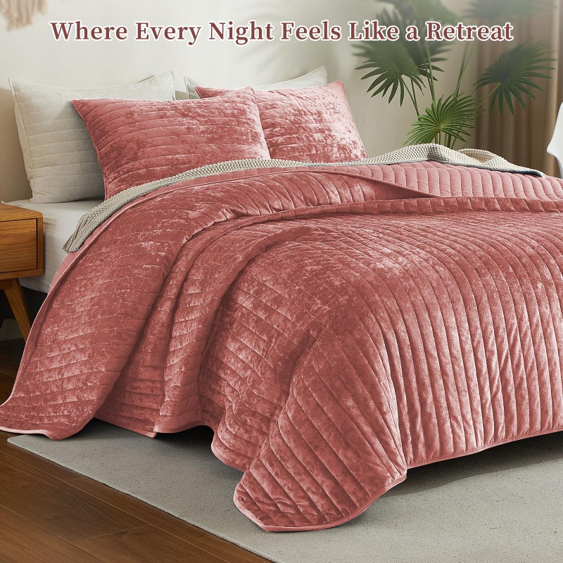 Wondnuga Luxury Soft Velvet Quilt Set Full Queen Size - Lightweight Velvet Bedding Set for All Season, Oversized Bedspread Coverlet Comforter Set with 2 Pillow Shams, Pink, Striped - Image 4