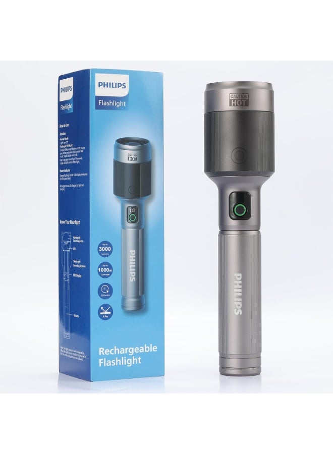 Philips 60W High Power LED Torch Light | 3000 Lumens Brightness | 9000mAh Rechargeable Battery | 860M Long Beam Range | Telescopic Zoom | 5 Lighting Modes (High, Low, Strobe, SOS, Dimming) | Aircraft-Grade Alloy Body | Weatherproof Handheld Flashlight for Indoor, Camping, Exploration & Emergency Use grey - Image 1