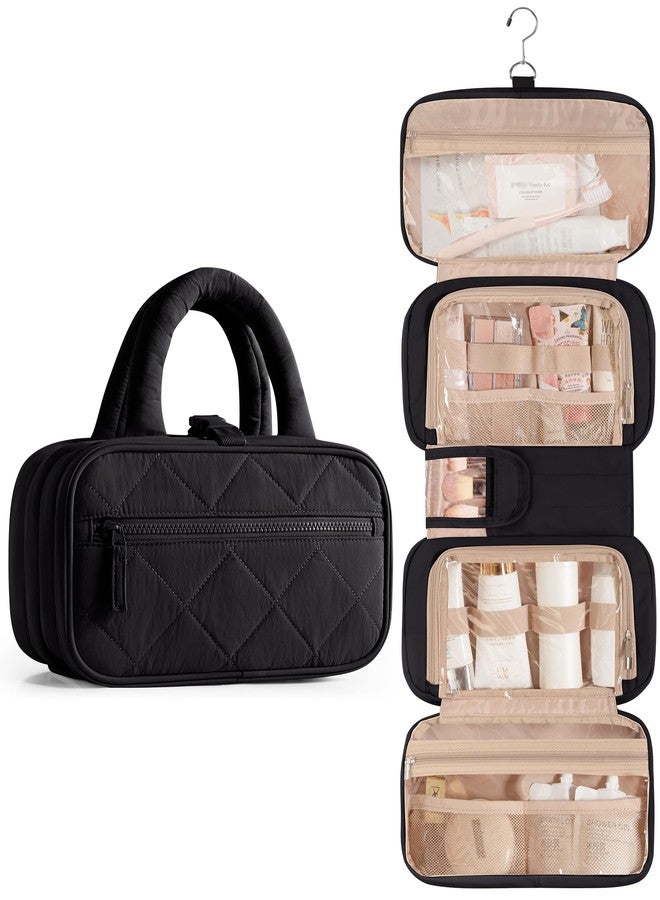 Marscamd Travel Toiletry Bag for Women with Hanging Hook, Puffy Makeup Organizer with Brushes Slots for Bathroom, Shower and Beauty Essentials, Black - Image 1