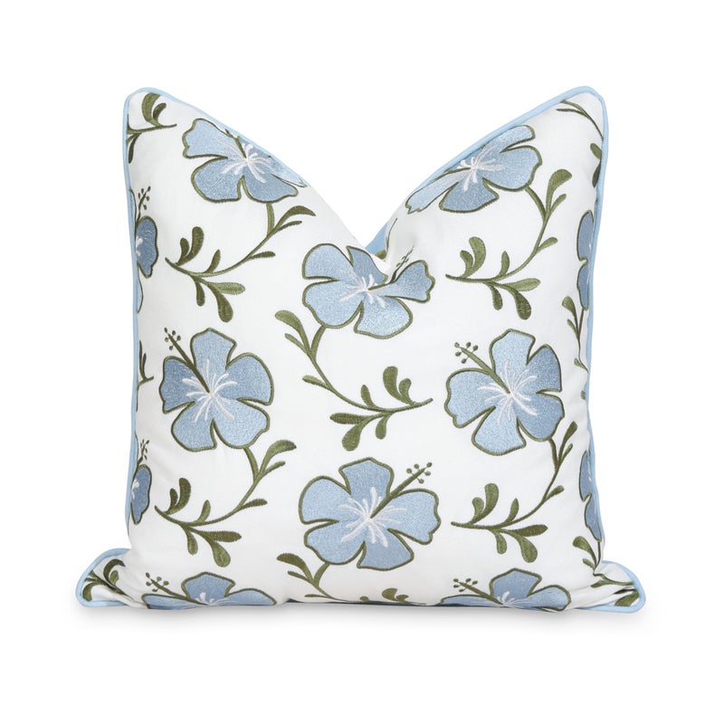 Hofdeco Premium Coastal Patio Indoor Outdoor Throw Pillow Cover Only 18x18 Water Repellent for Backyard Couch Baby Blue Green Embroidered Hibiscus Floral with Piping - Image 2