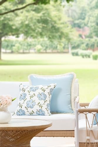 Hofdeco Premium Coastal Patio Indoor Outdoor Throw Pillow Cover Only 18x18 Water Repellent for Backyard Couch Baby Blue Green Embroidered Hibiscus Floral with Piping - Image 3