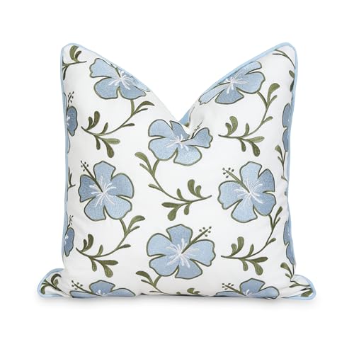 Hofdeco Premium Coastal Patio Indoor Outdoor Throw Pillow Cover Only 18x18 Water Repellent for Backyard Couch Baby Blue Green Embroidered Hibiscus Floral with Piping - Image 1