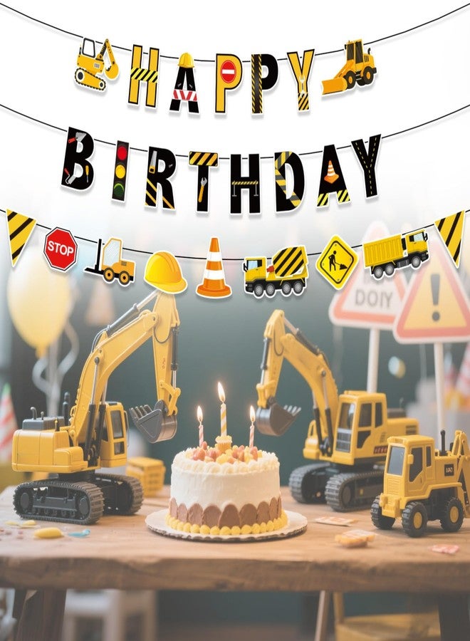 Penitue Construction Happy Birthday Banner, Pre-Strung Building Themed Birthday Decorations with Vehicle Excavator Truck Traffic Road Design Party Supplies for Boy Kids Baby Shower - Image 3