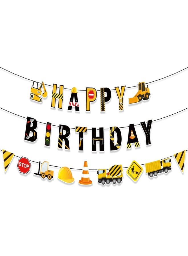Penitue Construction Happy Birthday Banner, Pre-Strung Building Themed Birthday Decorations with Vehicle Excavator Truck Traffic Road Design Party Supplies for Boy Kids Baby Shower - Image 1