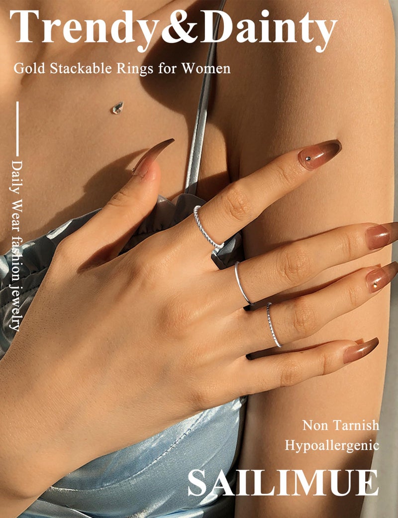 sailimue Gold Stackable Rings for Women Non Tarnish - 14K Gold Plated Waterproof Thin Band Ring Set - 1mm Minimalist Stainless Steel Silver Stacking Dainty Trendy Statement Thumb Rings Size 5-11 - Image 4
