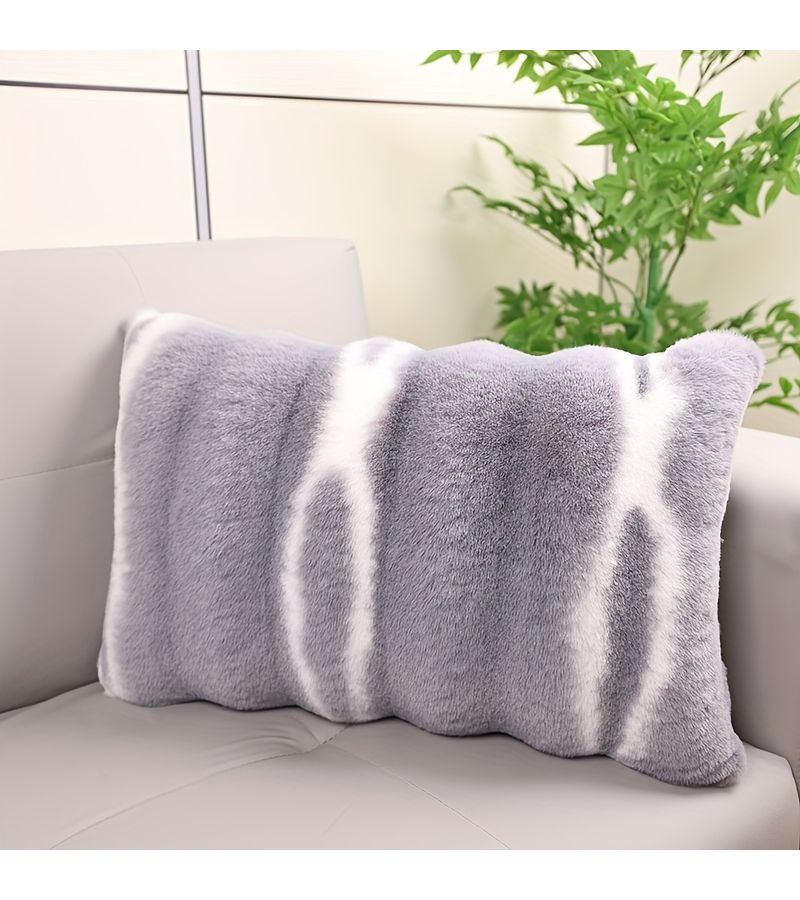 Bean Paste Color Striped Plush Throw Pillow With Zipper Machine Washable Decorative Cushion - Image 1