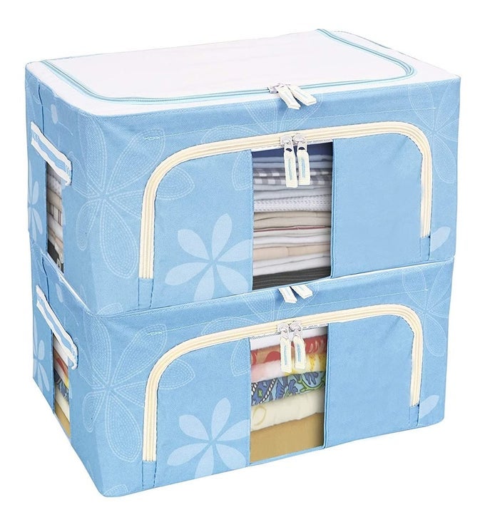 FOLDABLE STEEL FRAME CLOTHES ORGANIZER STORAGE BOX FOR WARDROBE SAREE SHIRTS AND BLANKETS 24 LTR PACK OF 2 OXFORD FABRIC BLUE