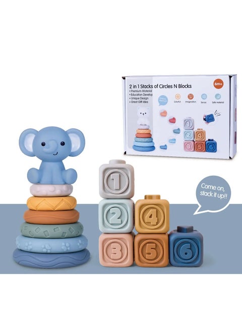 2 in 1 Stacks of Circles N Blocks Soft 3D Building, Stacking Tower, Teething Toy, Early Education Gift for 6-18 Month Boy Girl
