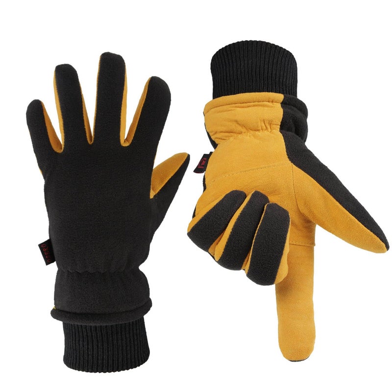 OZERO Winter Gloves for Men Women: Water-Resistant Windproof Insulated Work Gloves Leather Palm for Cold Weather Driving, Shoveling Snow, Hiking (Tan-Black, Large)