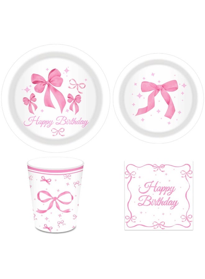 ThePartyPopper 44 Pcs Pink Bow Themed Party Tableware Set – Disposable Plates, Cups & Napkins for Birthday, Girls Party, Baby Shower & Birthday Celebration Supplies - Image 1