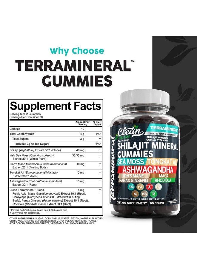 Clean Nutraceuticals Terramineral Shilajit Gummies with Irish Sea Moss Tongkat Ali Ashwagandha Lion's Mane MACA Panax Ginseng Rhodiola & Cordyceps by Clean Nutra (1) - Image 4