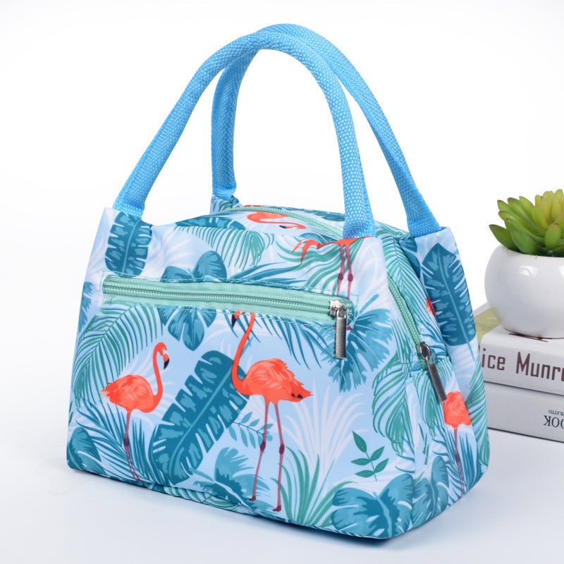 Printed zipper portable thermal bag womens cartoon waterproof handbag with aluminum foil thermal lunch lunch bag Flamingo 