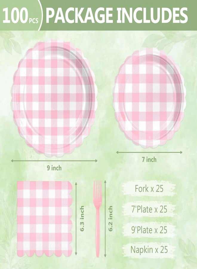 Mulbozy 100 Pink Gingham Plates and Napkins Disposable Set Includes 25-9" & 25-7" Dessert Cake Scalloped Plates, Cocktail Napkins, Forks for for Holiday Party Supplies - Image 2