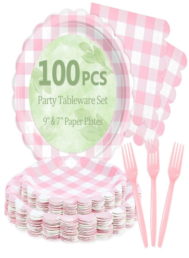 Mulbozy 100 Pink Gingham Plates and Napkins Disposable Set Includes 25-9" & 25-7" Dessert Cake Scalloped Plates, Cocktail Napkins, Forks for for Holiday Party Supplies - Image 1