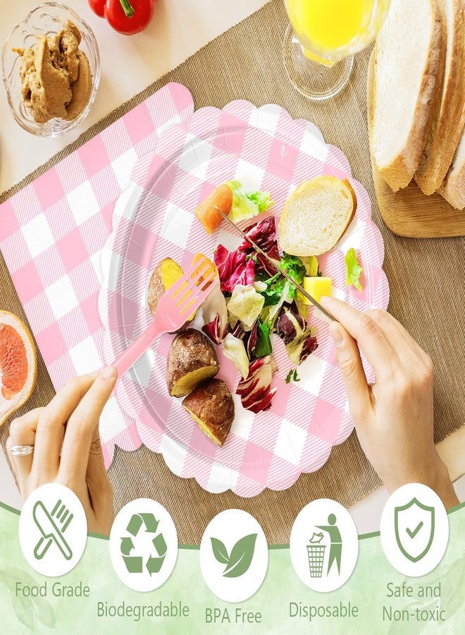 Mulbozy 100 Pink Gingham Plates and Napkins Disposable Set Includes 25-9" & 25-7" Dessert Cake Scalloped Plates, Cocktail Napkins, Forks for for Holiday Party Supplies - Image 4