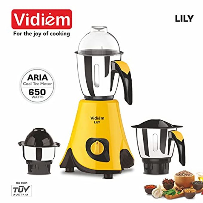 VIDIEM Lilly 650W Mixer Grinder (Yellow) | 3 Leakproof Jars with Self-Lock | Wet & Dry Grinding for Spices, Chutneys & Curries | Cool Tec Motor | 2-Year Warranty - Image 2