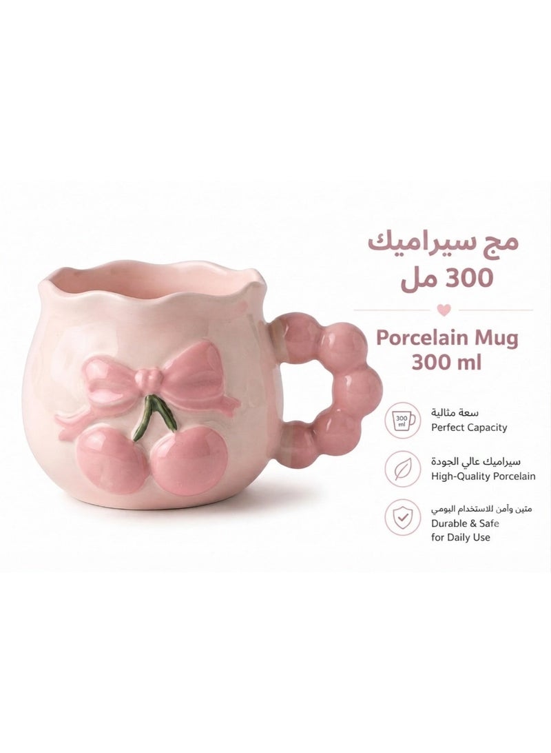 مج سيراميك وردي 300 مل بتصميم كرز ثلاثي الأبعاد مع مقبض مميز – استمتع بمشروبك المميز - Image 5