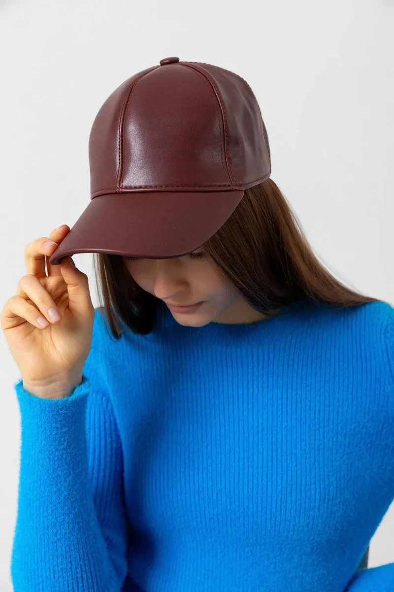 REMSA Women's Leather Cap Hat Rkş-08 Dark Claret Red