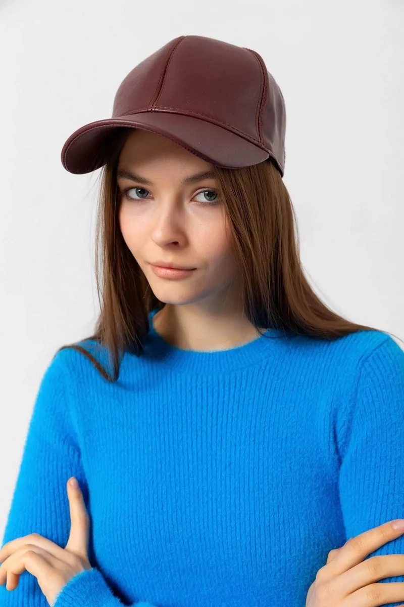 REMSA Women's Leather Cap Hat Rkş-08 Dark Claret Red