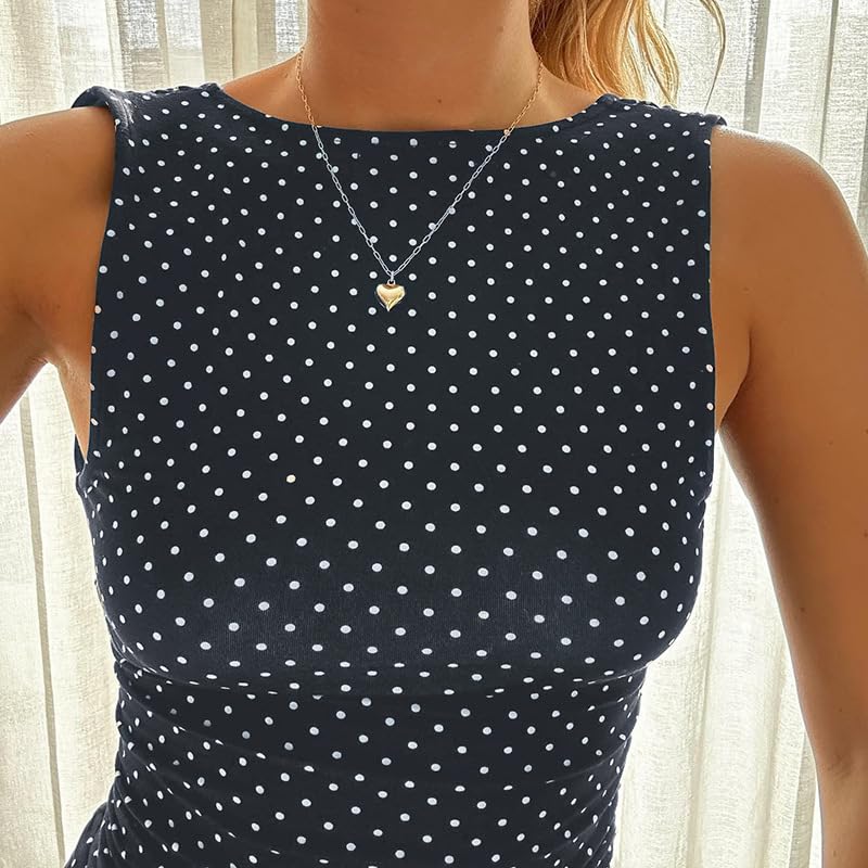 JOLILUNA Polka Dot Mini Dress for Women Sleeveless Round Neck Bodycon Flared Hem Casual Summer Outfit 2025 (Navy Blue,Small) - Image 5
