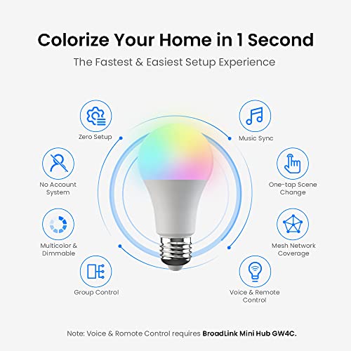 Broadlink FastCon Smart Bulb LB4E26 4-Pack, Color Changing with Music Sync, A19/E26/9W/800LM/110V, Compatible with Alexa and Google Home, GW4C Hub Required - Image 3