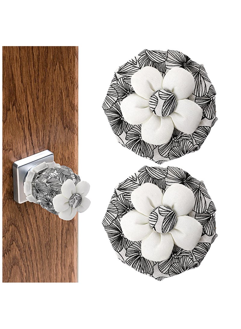 SOLARAE أغطية مقبض الباب 2 قطعة، واقي مقبض باب مزخرف بالزهور السوداء، أغطية مقبض دائرية ناعمة، وسادة تصادم مزخرفة للباب، غطاء مقبض باب قابل لإعادة الاستخدام مع إسفنجة قابلة للغسل، وسادة مقبض باب زخرفية - Image 1