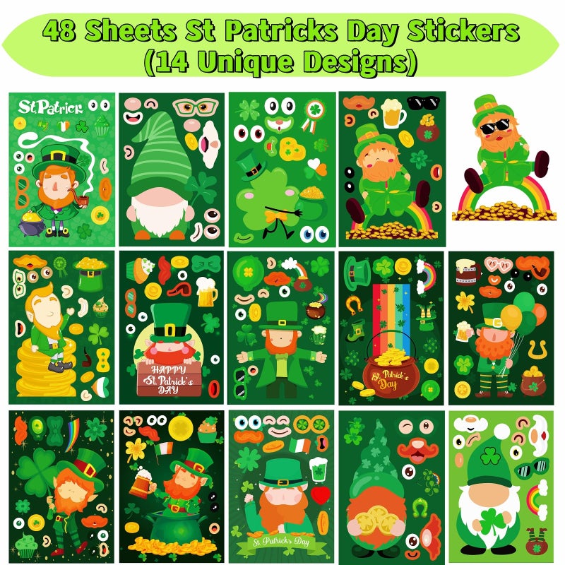 KASANYER 48 Sheets St. Patrickâ€™s Day Make-A-Face Stickers -14 Fun Designs of Leprechauns, Shamrocks, Gnomes, and Pot of Gold, St. Patrickâ€™s Party Favors, Crafts & Activities - Image 3