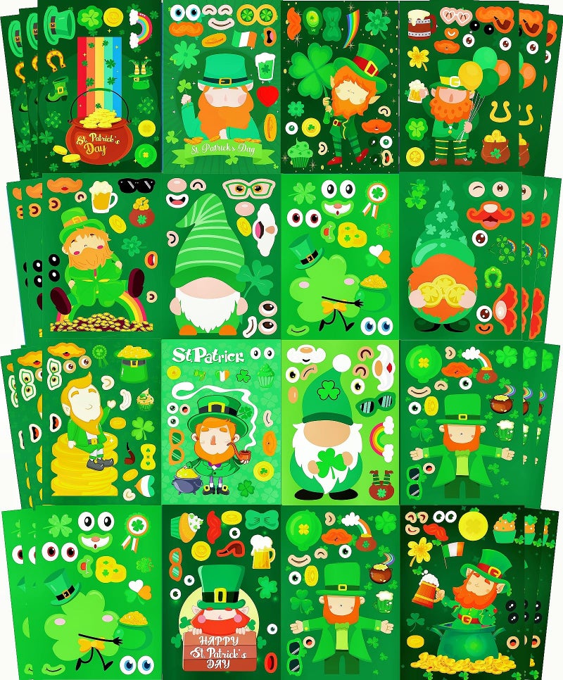 KASANYER 48 Sheets St. Patrickâ€™s Day Make-A-Face Stickers -14 Fun Designs of Leprechauns, Shamrocks, Gnomes, and Pot of Gold, St. Patrickâ€™s Party Favors, Crafts & Activities - Image 1