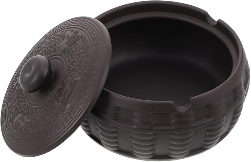 Windproof Ceramic Ashtray with Lid for Indoor Outdoor Use Purple Clay Cool Ash Holder - Image 1