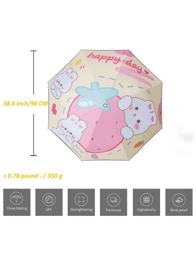 Hannstar Automatic Kids Umbrella, Folding Telescopic Toddler Umbrella for girls & boys, UV/Sun Protection - Strong and Portable - Compact, Durable, Lightweight Cute Kitty Brolly, Rabbit - Image 2