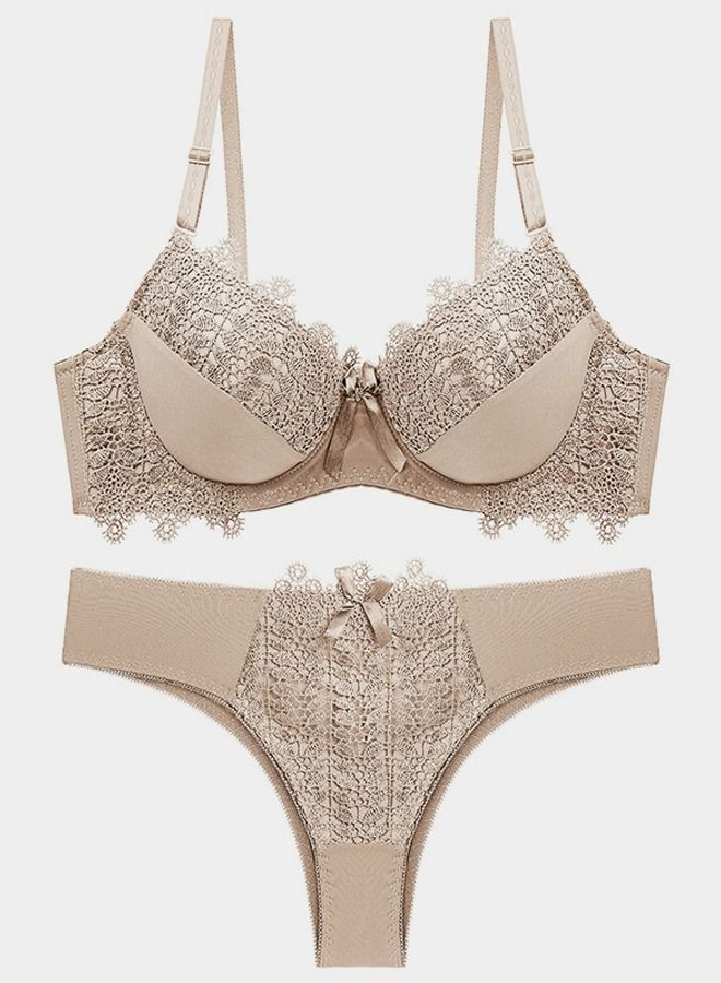 Comfy Solid Color Thin Cup Lace Bra Panty Set Beige 