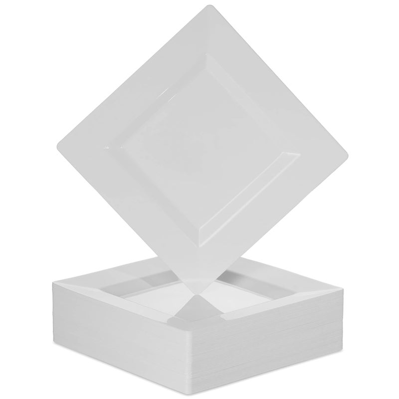 BloominGoods Plastic Disposable Square Dessert Plates  50Pack 65 inches White AppetizerSalad Square Plates  Ideal for Weddings Parties Catering  Heavy Duty  Non Toxic