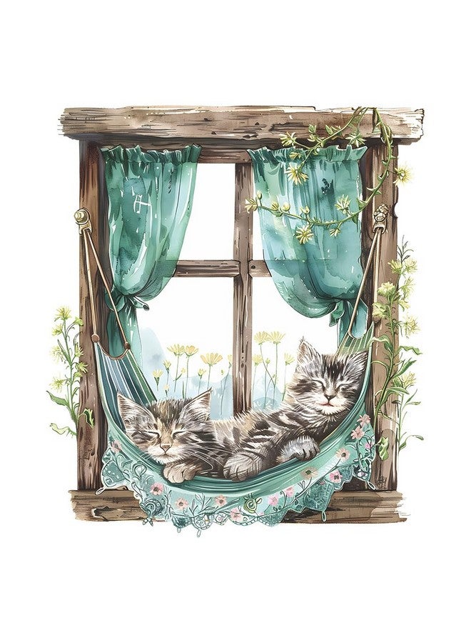 BooDecal 19.6 x 22.4 inches Cute Lazy Cats Fake Wooden Window Removable Wall Decals Flowers Wall Stickers for Childrens Playroom Nursery Bathroom - Image 1
