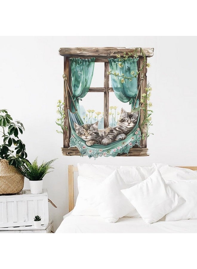 BooDecal 19.6 x 22.4 inches Cute Lazy Cats Fake Wooden Window Removable Wall Decals Flowers Wall Stickers for Childrens Playroom Nursery Bathroom - Image 5