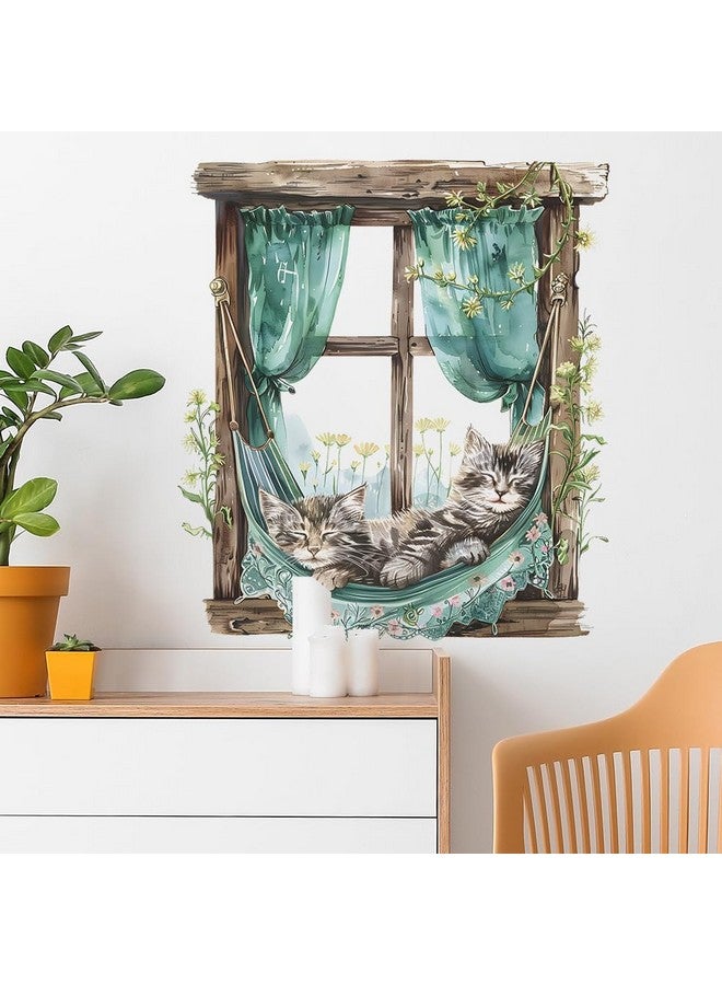 BooDecal 19.6 x 22.4 inches Cute Lazy Cats Fake Wooden Window Removable Wall Decals Flowers Wall Stickers for Childrens Playroom Nursery Bathroom - Image 4