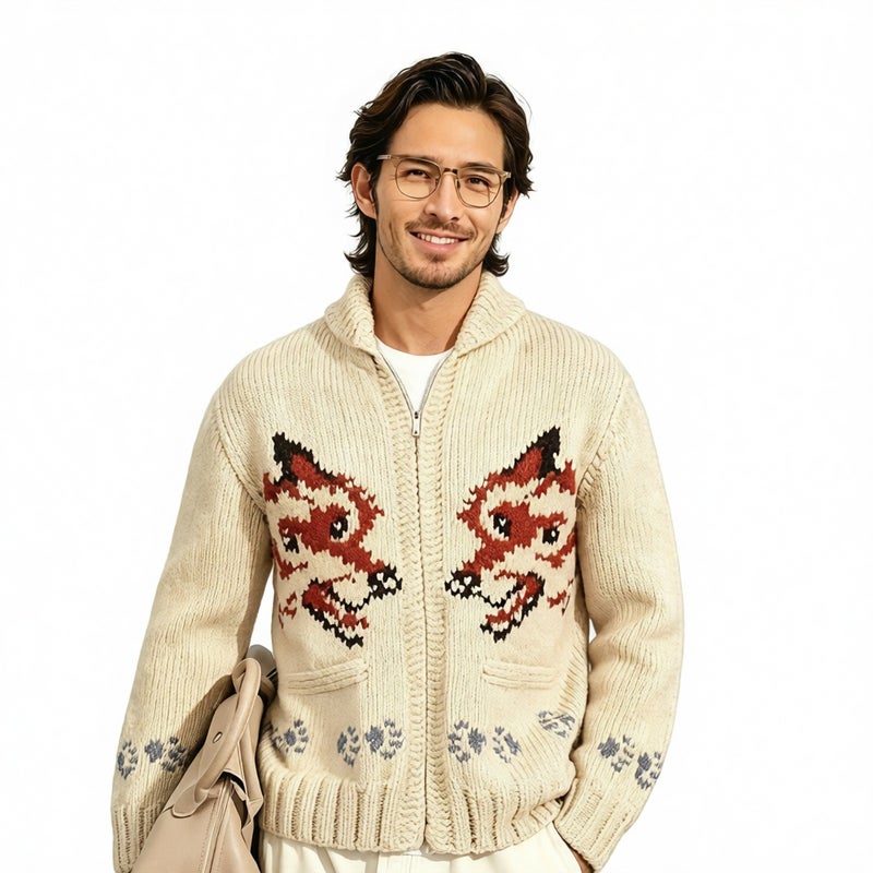 Men Fox Jacquard Cardigan Sweater Chunky Knit Zip Up Jacket Oversized Casual
