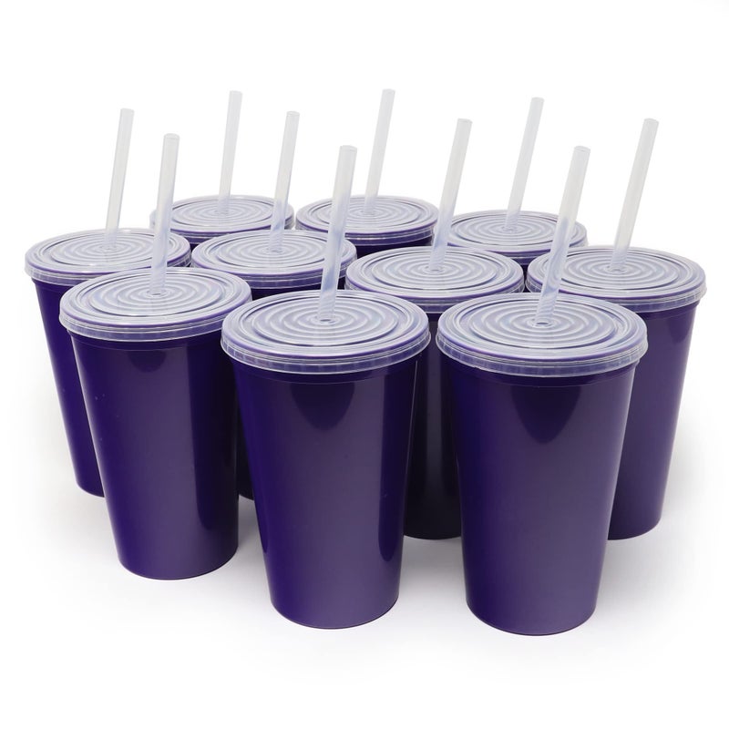 Rolling Sands 22 oz Reusable Plastic Cups with Lids 10 Pack USA Made Purple Tumblers Includes 10 Reusable Straws Dishwasher Safe