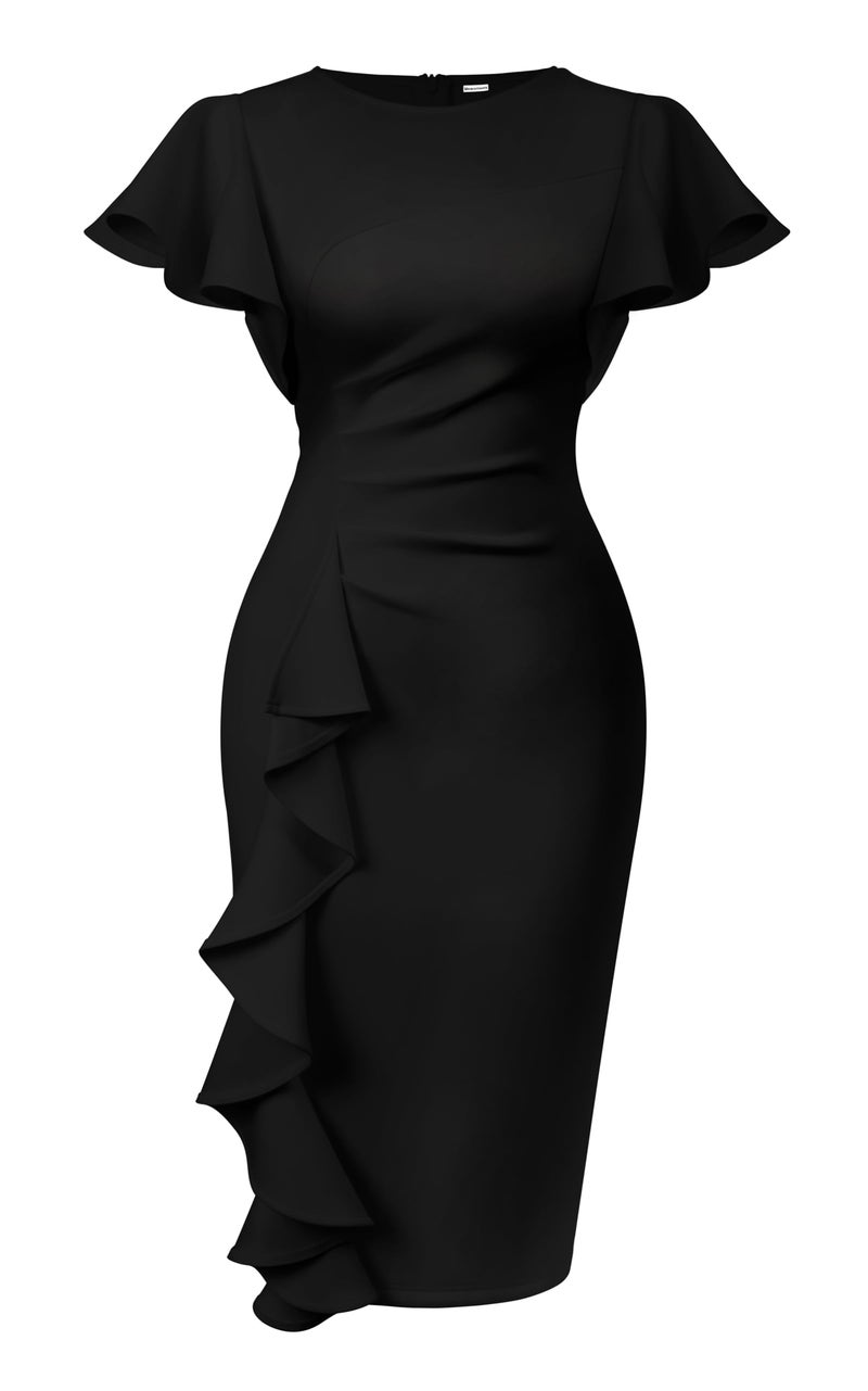 Memoriesea Women's Vintage Church Ruffle Sleeve Ruched Bodycon Work Midi Pencil Dress Black - Image 1