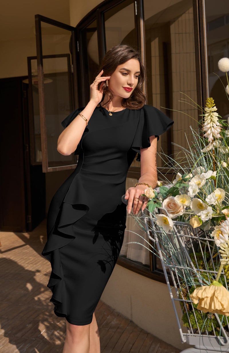 Memoriesea Women's Vintage Church Ruffle Sleeve Ruched Bodycon Work Midi Pencil Dress Black - Image 4