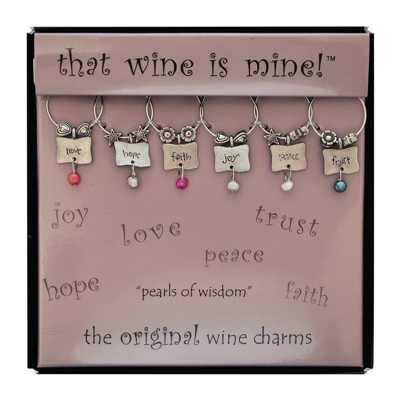 Wine Things Pearls of Wisdom Wine Charms, Zinc Alloy Wine Glass Tags for Stem Glasses, Drink Markers Identifiers for Parties, Tastings, and Entertaining, Multicolor, Set of 6 - Image 1