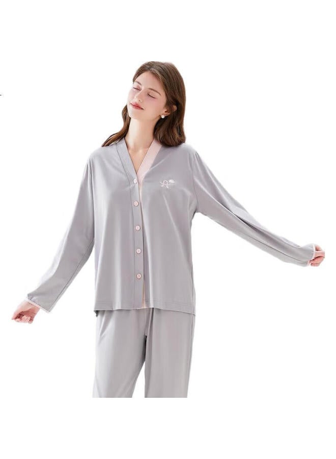 Fenton Fenteng Women'S Pure Cotton 5A Antibacterial New Spring Contrast Color V-Neck Home Wear Set - Image 2