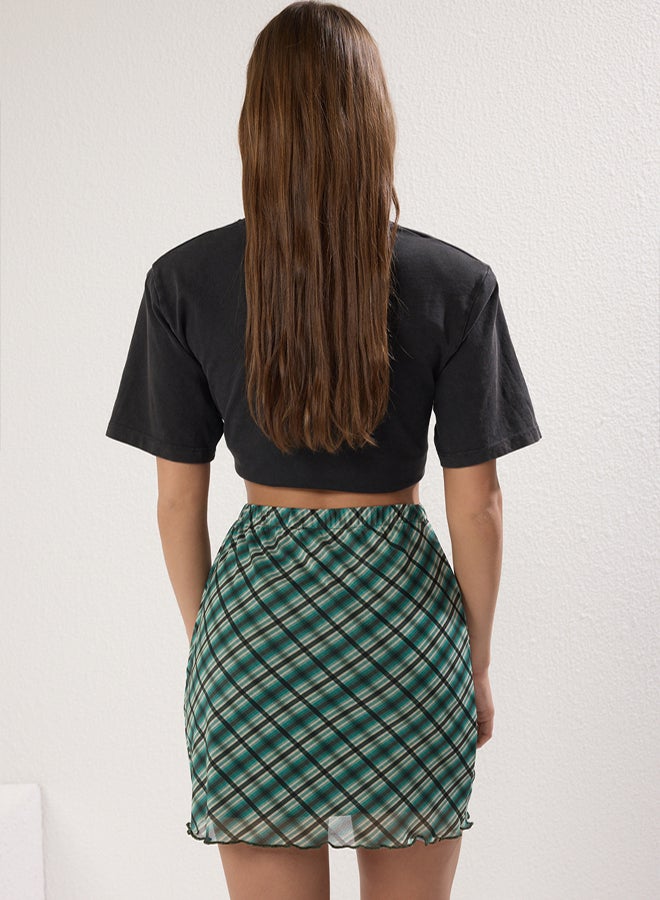 trendyol Dark Green Printed Tulle High Waist Lined Mini Knit Skirt - Image 4
